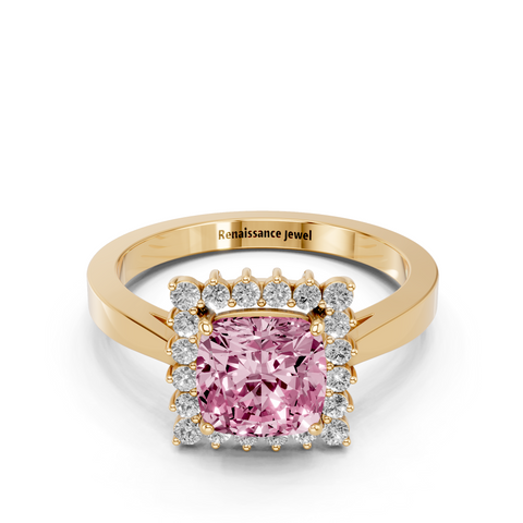 Yellow gold Fancy Pink Cushion  Cut Diamond Halo Ring with Round Brilliant Halo and Solitaire Band