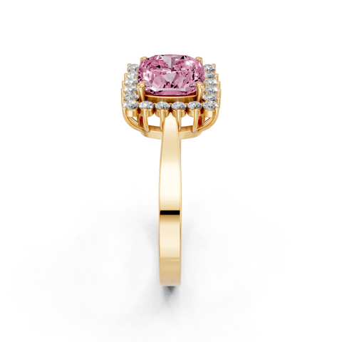 Yellow gold Fancy Pink Cushion  Cut Diamond Pavé Band Solitaire Ring with Four-Prong Setting