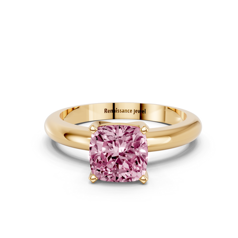 Yellow gold Fancy Pink Cushion  Cut Solitaire Engagement Ring with Round Band and Four-Prong Setting