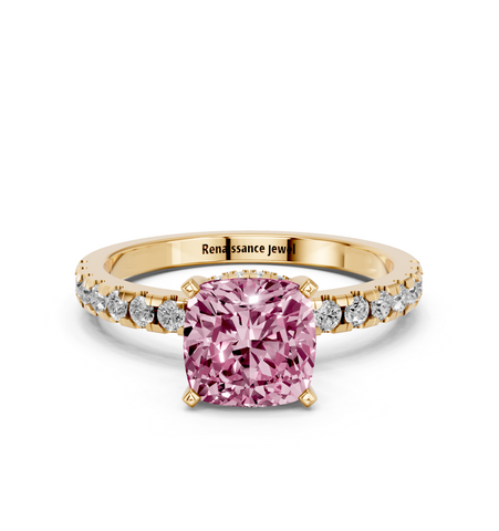 Yellow gold Fancy Pink Cushion  Solitaire Diamond Pavé Band with Four-Prong Setting
