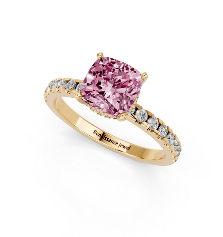 Yellow gold Fancy Pink Cushion  Solitaire Diamond Pavé Band with Four-Prong Setting