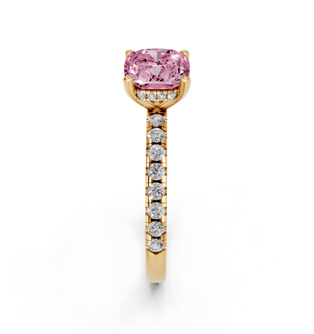 Yellow gold Fancy Pink Cushion  Solitaire Diamond Pavé Band with Four-Prong Setting