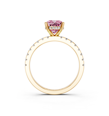 Yellow gold Fancy Pink Cushion  Solitaire Diamond Pavé Band with Four-Prong Setting