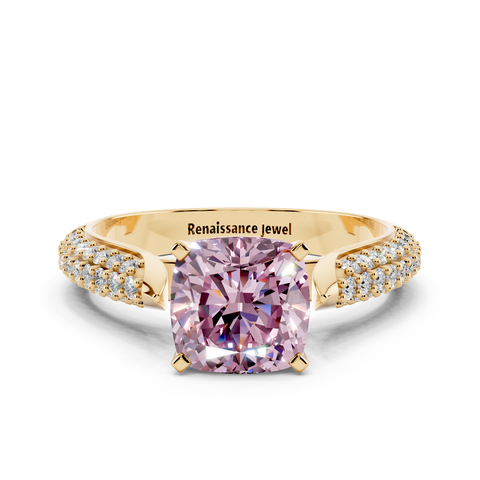 Yellow gold Fancy Pink Cushion  Solitaire Pavé Diamond Engagement Ring with Four-Prong Setting