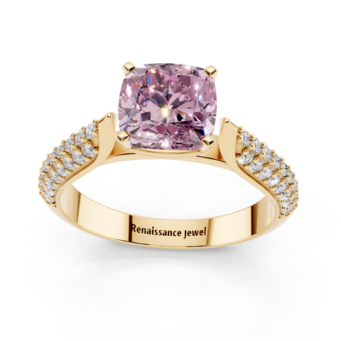Yellow gold Fancy Pink Cushion  Solitaire Pavé Diamond Engagement Ring with Four-Prong Setting
