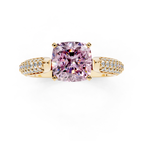 Yellow gold Fancy Pink Cushion  Solitaire Pavé Diamond Engagement Ring with Four-Prong Setting