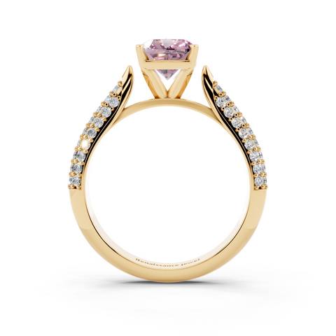 Yellow gold Fancy Pink Cushion  Solitaire Pavé Diamond Engagement Ring with Four-Prong Setting