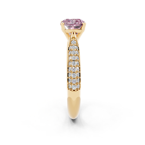 Yellow gold Fancy Pink Cushion  Solitaire Pavé Diamond Engagement Ring with Four-Prong Setting