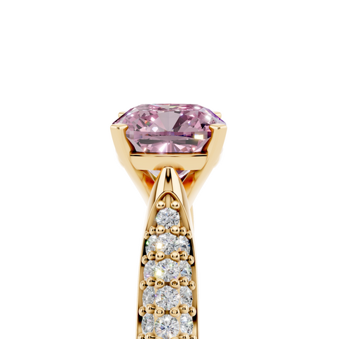 Yellow gold Fancy Pink Cushion  Solitaire Pavé Diamond Engagement Ring with Four-Prong Setting