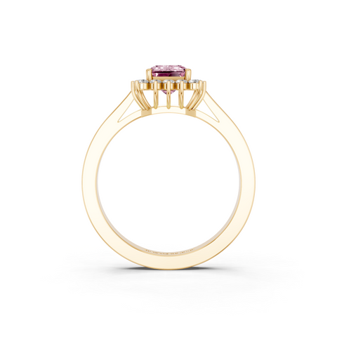 Yellow gold Fancy Pink Emerald  Cut Diamond Halo Ring with Round Brilliant Halo and Solitaire Band