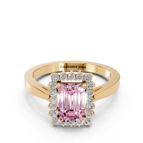 Yellow gold Fancy Pink Emerald  Cut Diamond Halo Ring with Round Brilliant Halo and Solitaire Band