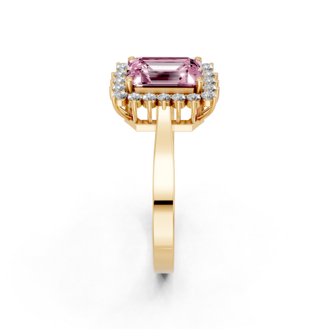 Yellow gold Fancy Pink Emerald  Cut Diamond Pavé Band Solitaire Ring with Four-Prong Setting