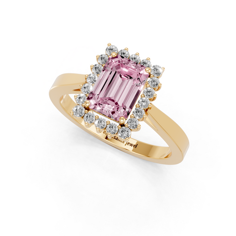 Yellow gold Fancy Pink Emerald  Cut Diamond Pavé Band Solitaire Ring with Four-Prong Setting