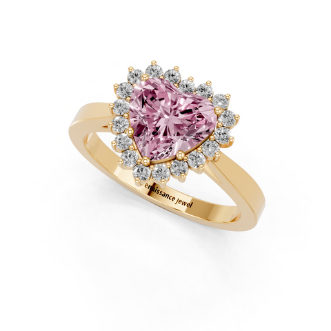 Yellow gold Fancy Pink Heart  Cut Diamond Halo Ring with Round Brilliant Halo and Solitaire Band