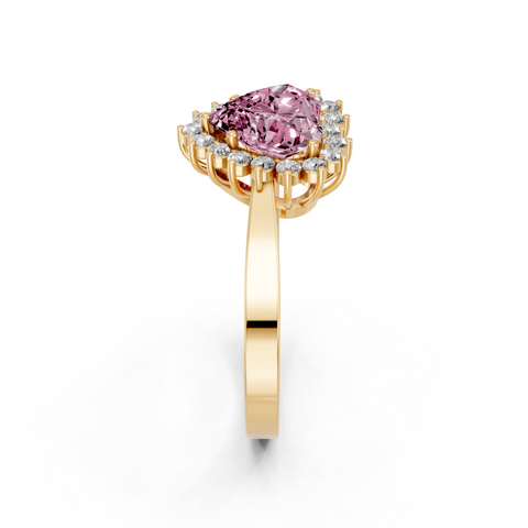 Yellow gold Fancy Pink Heart  Cut Diamond Halo Ring with Round Brilliant Halo and Solitaire Band