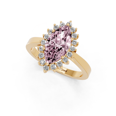 Yellow gold Fancy Pink Marquise  Cut Diamond Halo Ring with Round Brilliant Halo and Solitaire Band