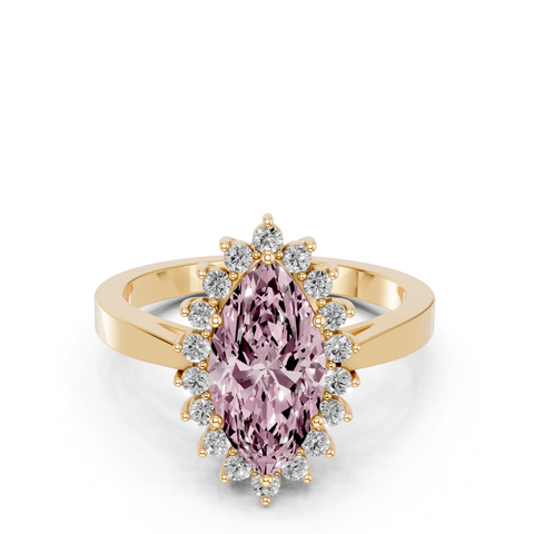 Yellow gold Fancy Pink Marquise  Cut Diamond Halo Ring with Round Brilliant Halo and Solitaire Band