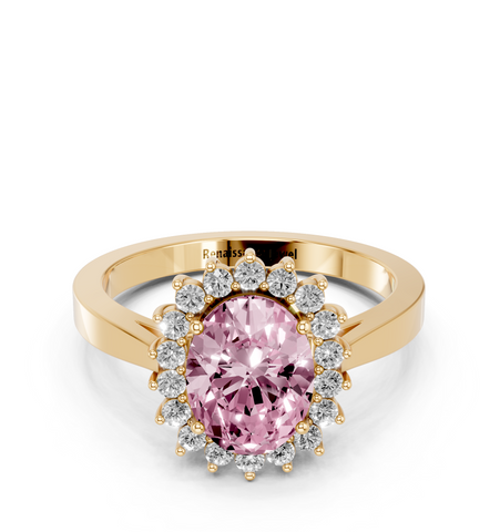 Yellow gold Fancy Pink Oval  Cut Diamond Halo Ring with Round Brilliant Halo and Solitaire Band