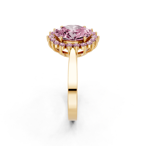 Yellow gold Fancy Pink Oval  Cut Diamond Pavé Band Solitaire Ring with Four-Prong Setting
