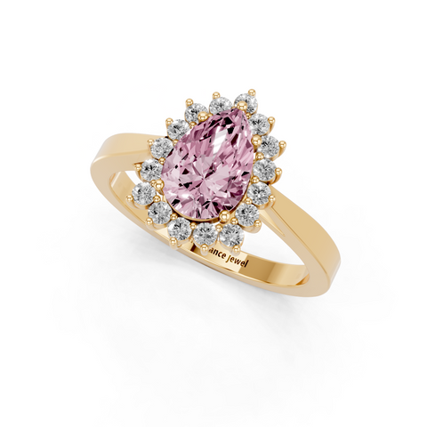 Yellow gold Fancy Pink Pear  Cut Diamond Halo Ring with Round Brilliant Halo and Solitaire Band