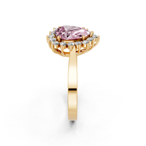 Yellow gold Fancy Pink Pear  Cut Diamond Halo Ring with Round Brilliant Halo and Solitaire Band