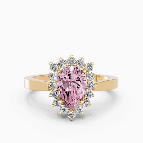 Yellow gold Fancy Pink Pear  Cut Diamond Halo Ring with Round Brilliant Halo and Solitaire Band