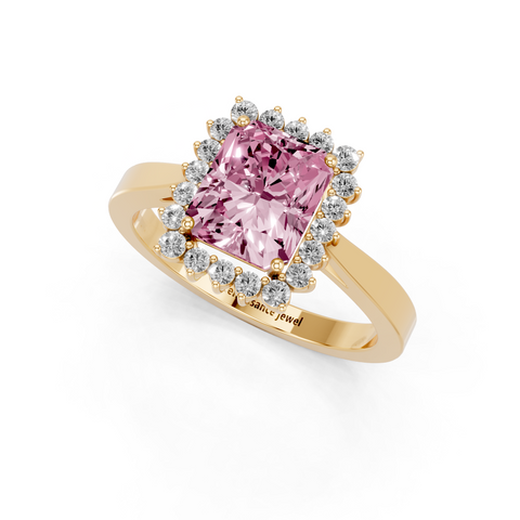Yellow gold Fancy Pink Radiant  Cut Diamond Halo Ring with Round Brilliant Halo and Solitaire Band