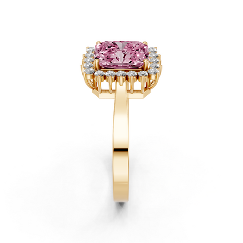 Yellow gold Fancy Pink Radiant  Cut Diamond Pavé Band Solitaire Ring with Four-Prong Setting