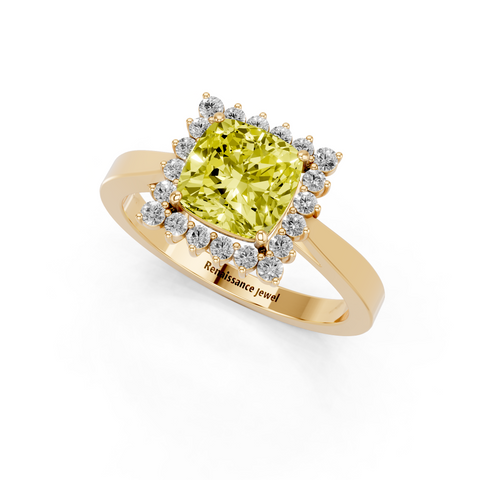 Yellow gold Fancy Yellow Cushion  Cut Diamond Halo Ring with Round Brilliant Halo and Solitaire Band