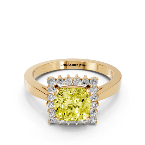 Yellow gold Fancy Yellow Cushion  Cut Diamond Halo Ring with Round Brilliant Halo and Solitaire Band