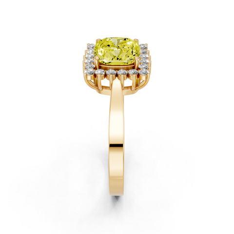 Yellow gold Fancy Yellow Cushion  Cut Diamond Pavé Band Solitaire Ring with Four-Prong Setting