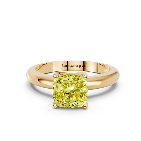 Yellow gold Fancy Yellow Cushion  Cut Solitaire Engagement Ring with Round Band and Four-Prong Setting