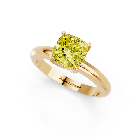 Yellow gold Fancy Yellow Cushion  Cut Solitaire Engagement Ring with Round Band and Four-Prong Setting