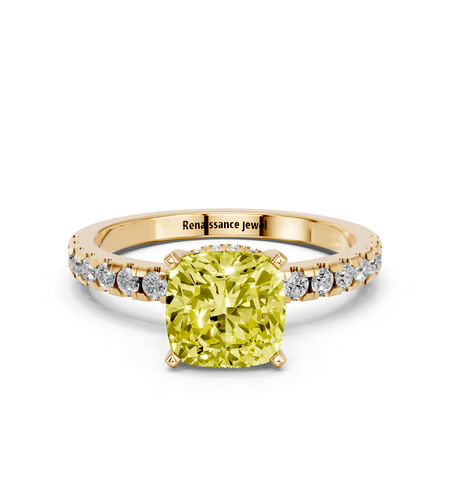 Yellow gold Fancy Yellow Cushion  Solitaire Diamond Pavé Band with Four-Prong Setting