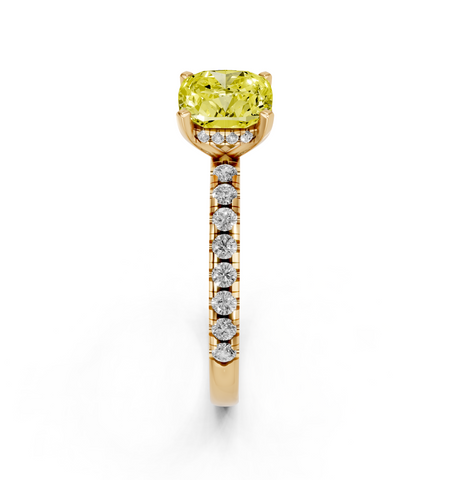 Yellow gold Fancy Yellow Cushion  Solitaire Diamond Pavé Band with Four-Prong Setting