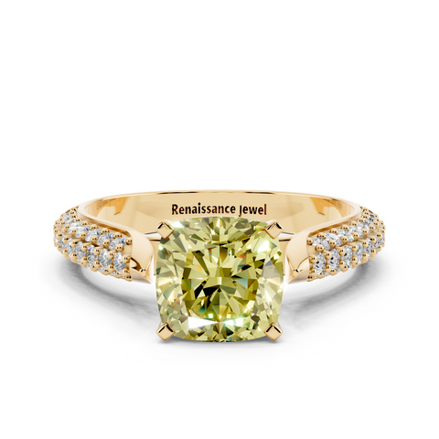 Yellow gold Fancy Yellow Cushion  Solitaire Pavé Diamond Engagement Ring with Four-Prong Setting