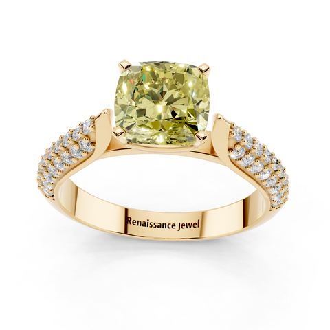 Yellow gold Fancy Yellow Cushion  Solitaire Pavé Diamond Engagement Ring with Four-Prong Setting