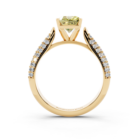 Yellow gold Fancy Yellow Cushion  Solitaire Pavé Diamond Engagement Ring with Four-Prong Setting
