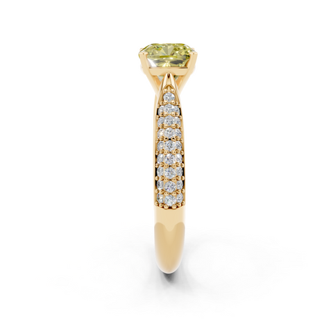 Yellow gold Fancy Yellow Cushion  Solitaire Pavé Diamond Engagement Ring with Four-Prong Setting
