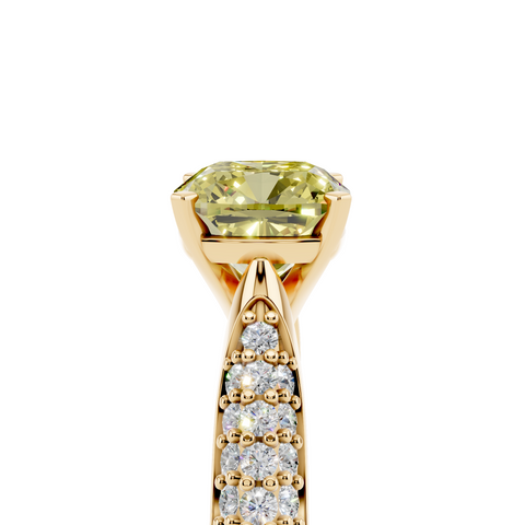 Yellow gold Fancy Yellow Cushion  Solitaire Pavé Diamond Engagement Ring with Four-Prong Setting