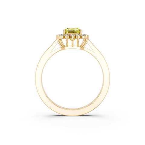 Yellow gold Fancy Yellow Emerald  Cut Diamond Halo Ring with Round Brilliant Halo and Solitaire Band