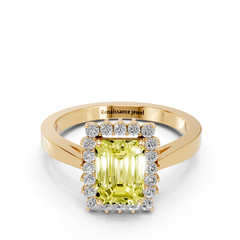 Yellow gold Fancy Yellow Emerald  Cut Diamond Halo Ring with Round Brilliant Halo and Solitaire Band