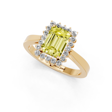Yellow gold Fancy Yellow Emerald  Cut Diamond Pavé Band Solitaire Ring with Four-Prong Setting
