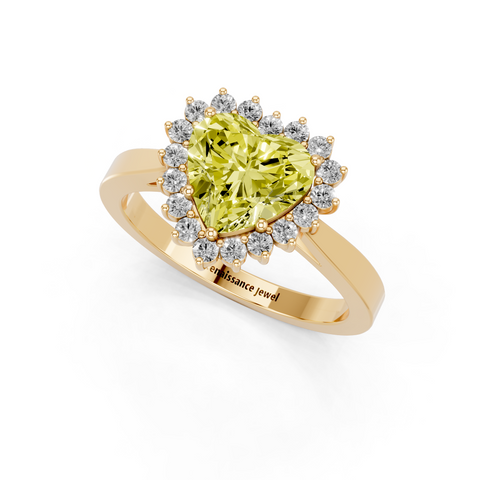 Yellow gold Fancy Yellow Heart  Cut Diamond Halo Ring with Round Brilliant Halo and Solitaire Band