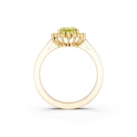 Yellow gold Fancy Yellow Oval  Cut Diamond Halo Ring with Round Brilliant Halo and Solitaire Band