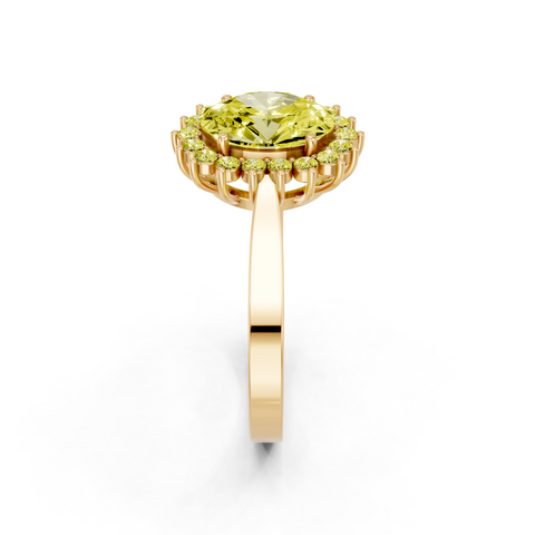 Yellow gold Fancy Yellow Oval  Cut Diamond Pavé Band Solitaire Ring with Four-Prong Setting