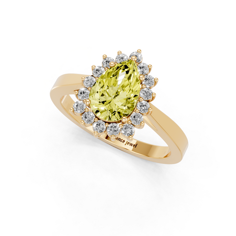 Yellow gold Fancy Yellow Pear  Cut Diamond Halo Ring with Round Brilliant Halo and Solitaire Band