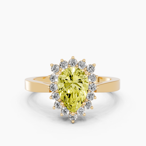 Yellow gold Fancy Yellow Pear  Cut Diamond Halo Ring with Round Brilliant Halo and Solitaire Band