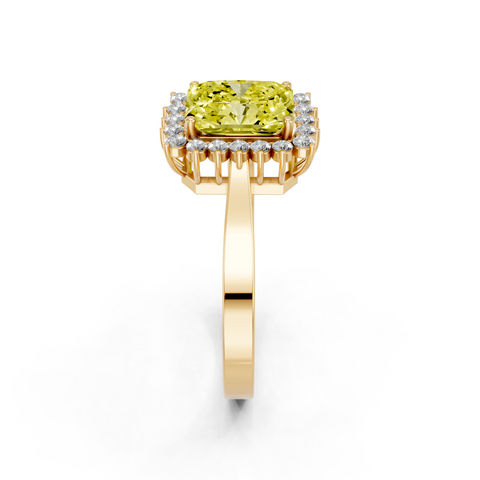 Yellow gold Fancy Yellow Radiant  Cut Diamond Halo Ring with Round Brilliant Halo and Solitaire Band