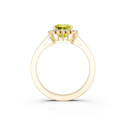 Yellow gold Fancy Yellow Radiant  Cut Diamond Halo Ring with Round Brilliant Halo and Solitaire Band